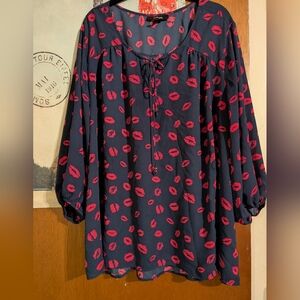 Style & Co. Navy Blouse with Red Lip Print